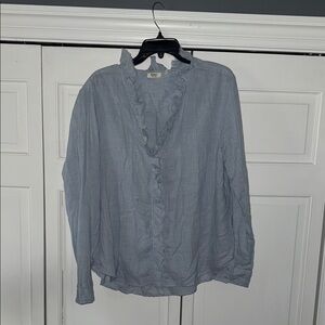dylan Light Blue Frayed Ruffle Neck Blouse